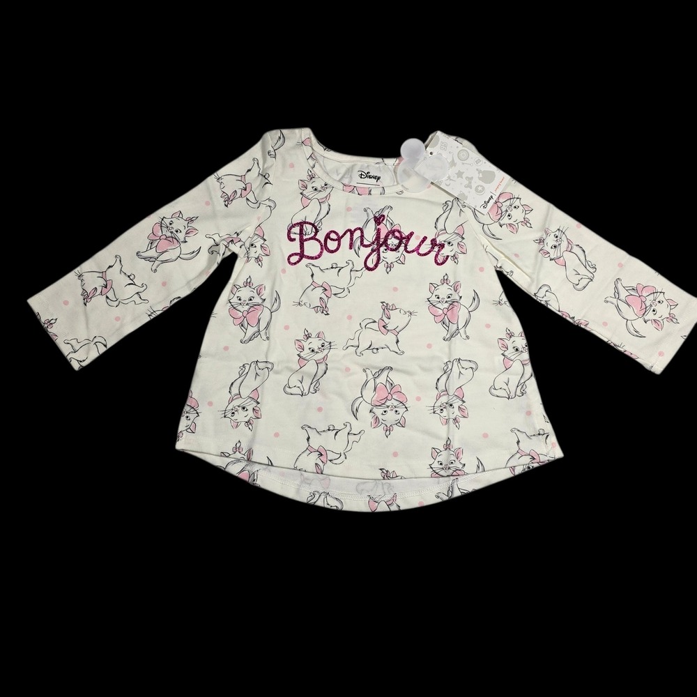 Disney Aristocats Marie 12M Girls Bonjour Glitter Long Sleeve Top White Pink